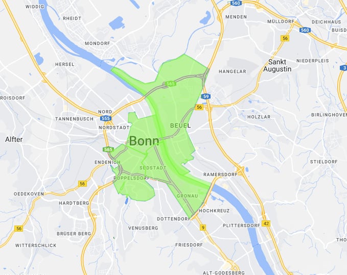 In diesem Gebiet kannst du in Bonn kostenlos deine Altkleider abholen lassen: Bonner Zentrum, Gronau, Weststadt, Poppelsdorf und Beuel